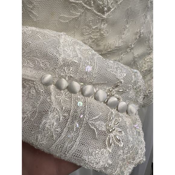 Vintage 90s Wedding Gown Dress Lace Chiffon Beaded Sequin Elegant V- Neck Sz 18 - Picture 6 of 16